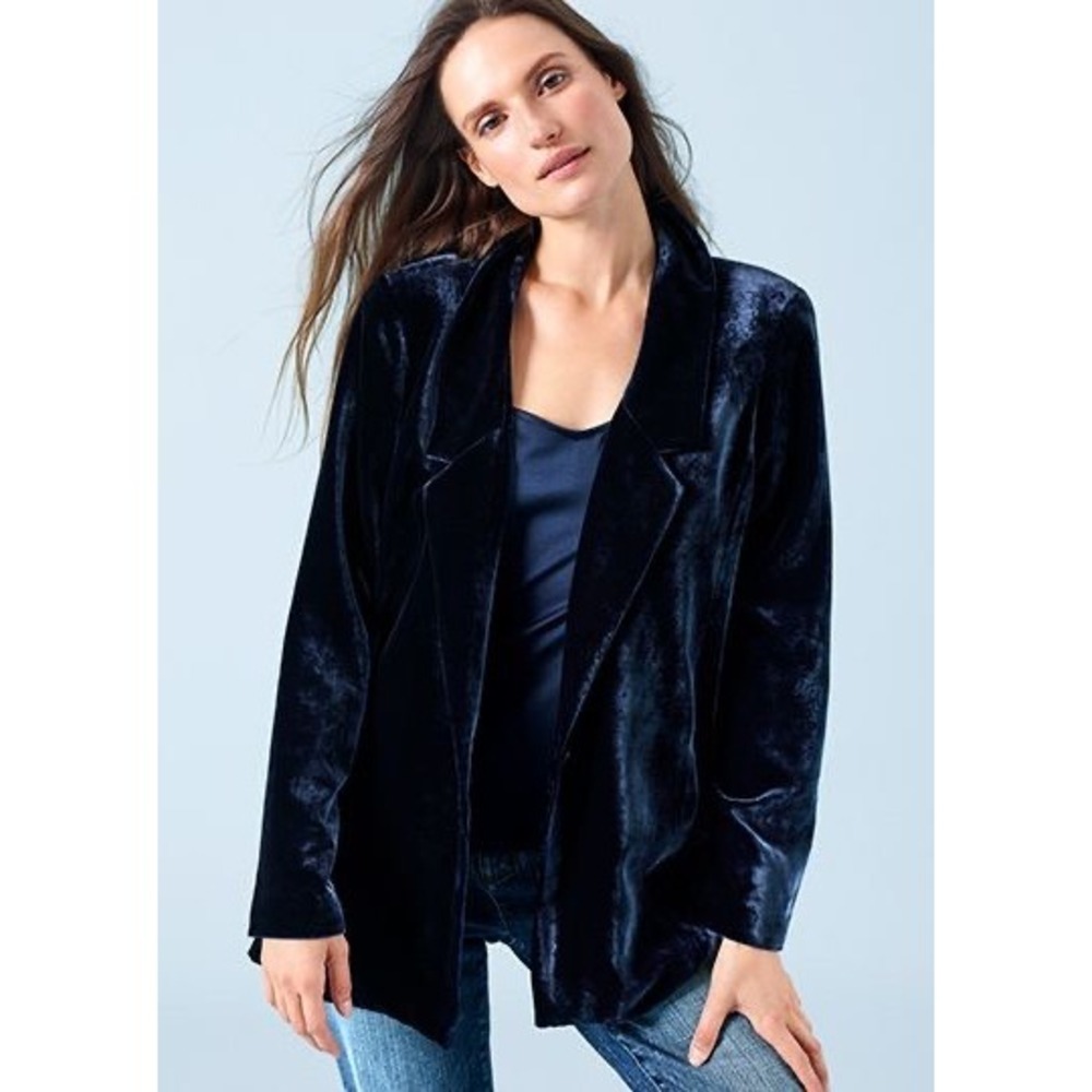 Eileen Fisher Midnight Blue Velvet Silk Blend Blazer Navy Longline Jacket Medium - Picture 2 of 9
